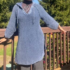 Blue Knit Tunic Sweater free people with hood